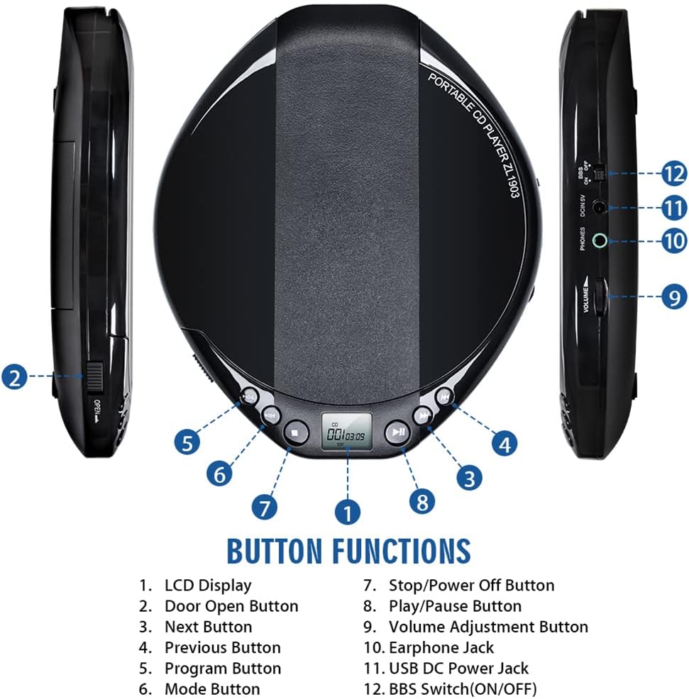 Gueray CD Player Portable for Car High Resolution Lossless Digital Audio Walkman with in-line Control for 3.5mm Headset Anti-Skip Protection LCD Display Programmed Play Black for Car Kids