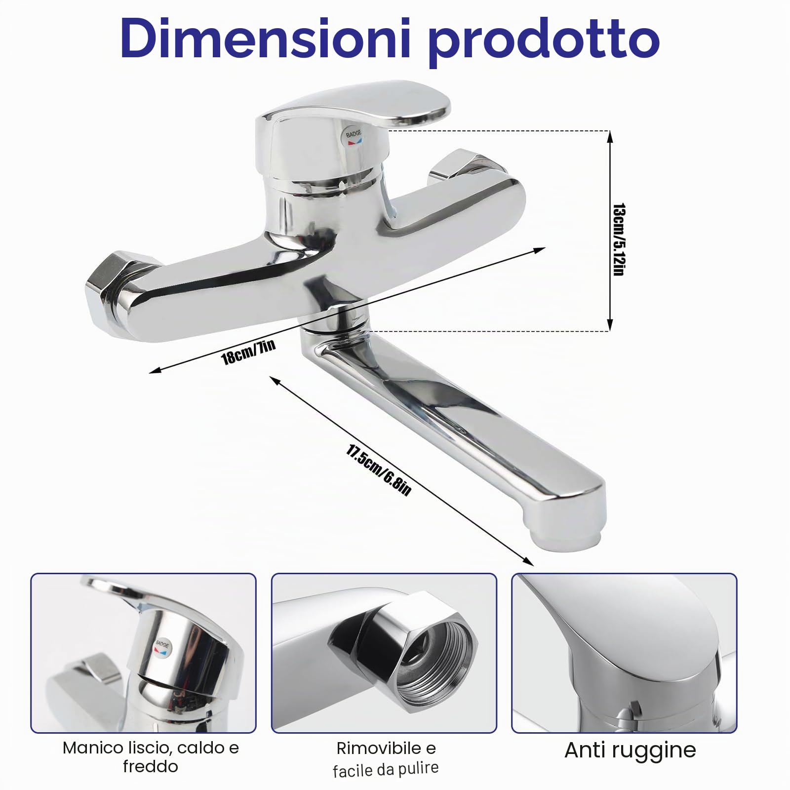Yolispa Rubinetto da Cucina, con beccuccio Girevole (6, 3) Freddo e Caldo Miscelatore a Parete monocomando, Montaggio a Parete per Acqua Fredda e Calda