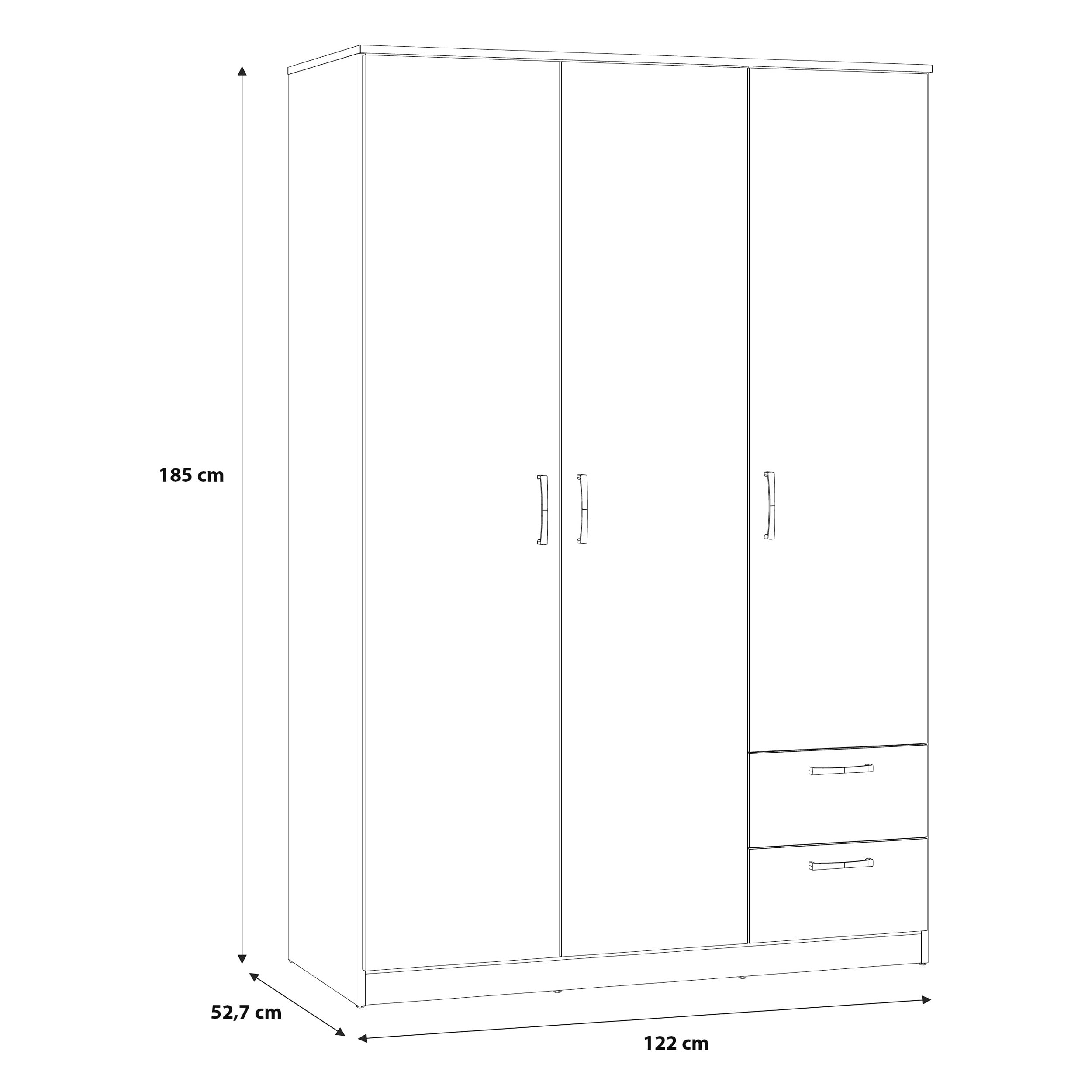 FORTE NIKO Kleiderschrank 122, Schrank im Scandi-Stil mit 3 Türen und 2 Schubladen, Holzwerkstoff, Artisan Eiche Dekor, 122 cm breit, 185 cm hoch, 52,7 cm tief