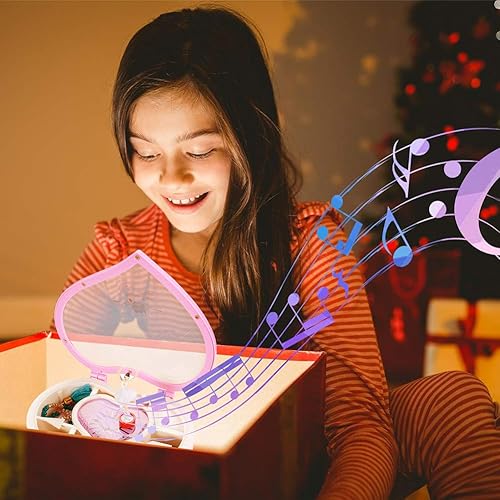 Vista 2 de Joyero musical para niñas con temática de bailarina Caja de música de bailarina giratoria en forma de corazón para aretes, collar, pulsera (rosa)