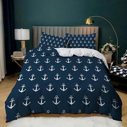 Bettwäsche 155x220 Blau Bettbezüge 3 Teilig, Weich Warme Microfaser Bettwäsche-Sets, Bettbezug Anker & 2 Kissenbezug 80x80 cm mit Reißverschluss