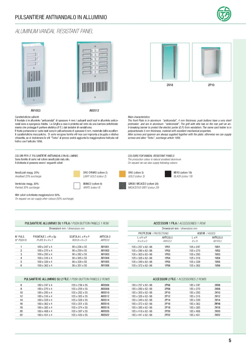 Pulsantiera Citofono Condominio Antivandalo 8 Pulsanti Alluminio da Incasso AV2008