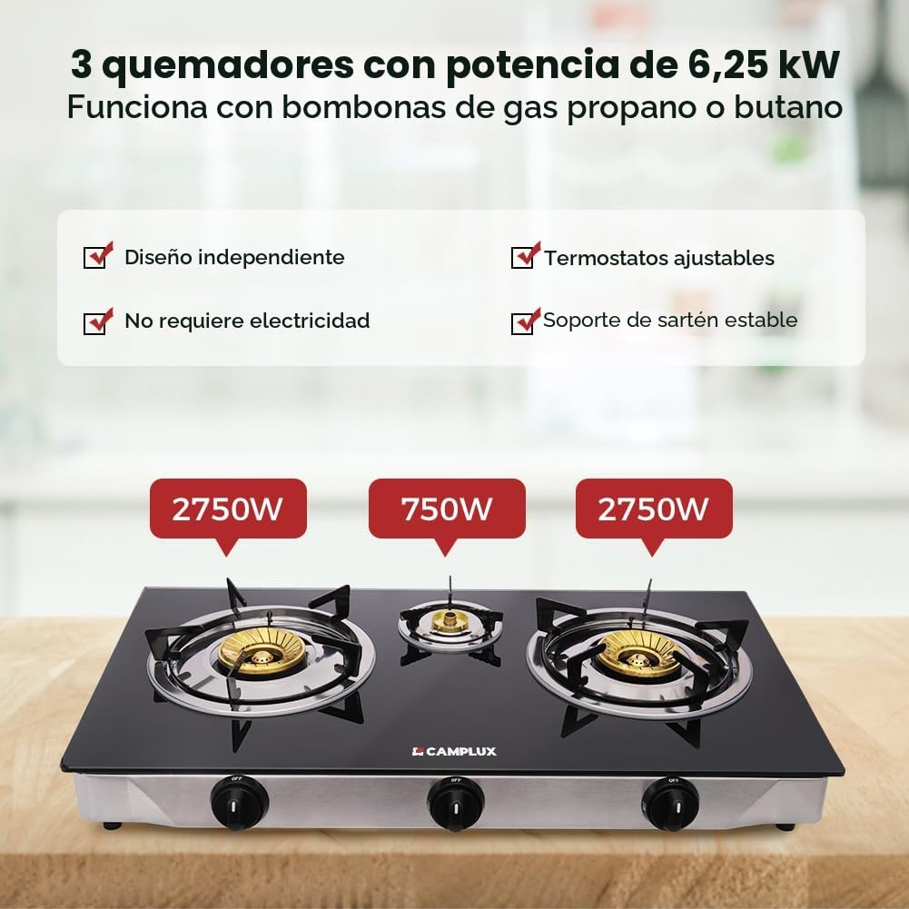 CAMPLUX Explorer Cocina de Gas de 3 Fuegos, 6,25 kW, Butano (28-30mbar) / Propano (37mbar), para Camping, Vanlife y Jardín, TC03GBEU