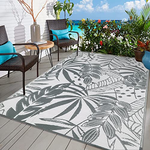 Wonnitar Outdoor Plastic Straw Rug 5X8,Reversible Waterproof Outdoor Rugs For Patio Clearance,Large Tropical Deck Mat,Portable Porch Floor Carpet For Picnic Backyard Park,Grey/White #TOP7