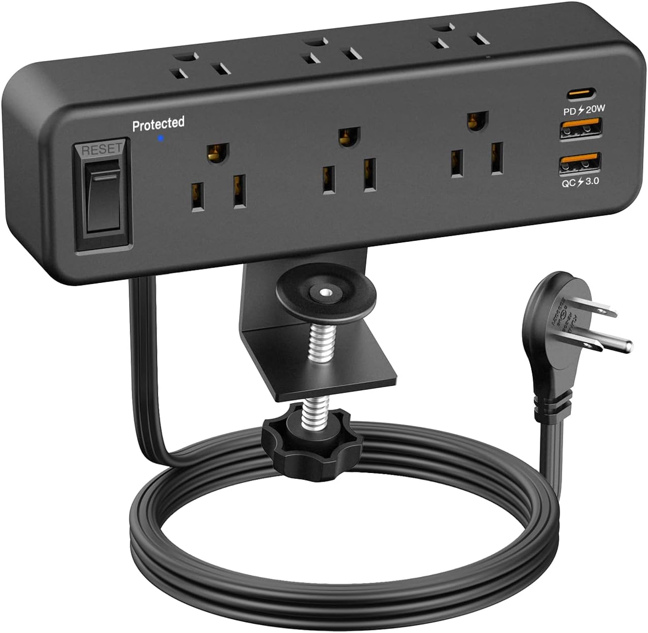 PAEWOK Computer Power Strip with PD 20W USB-C, 6 Sockets, Table Mount, Surge Protection, Black