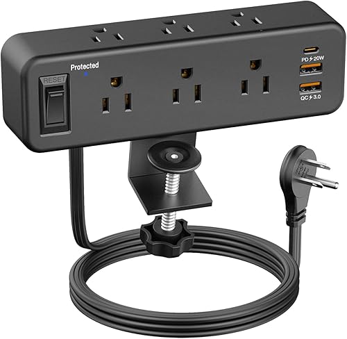Regleta de alimentación con abrazadera de escritorio con PD 20W USB C, protector de sobretensiones de montaje en borde de escritorio con 6 tomas,