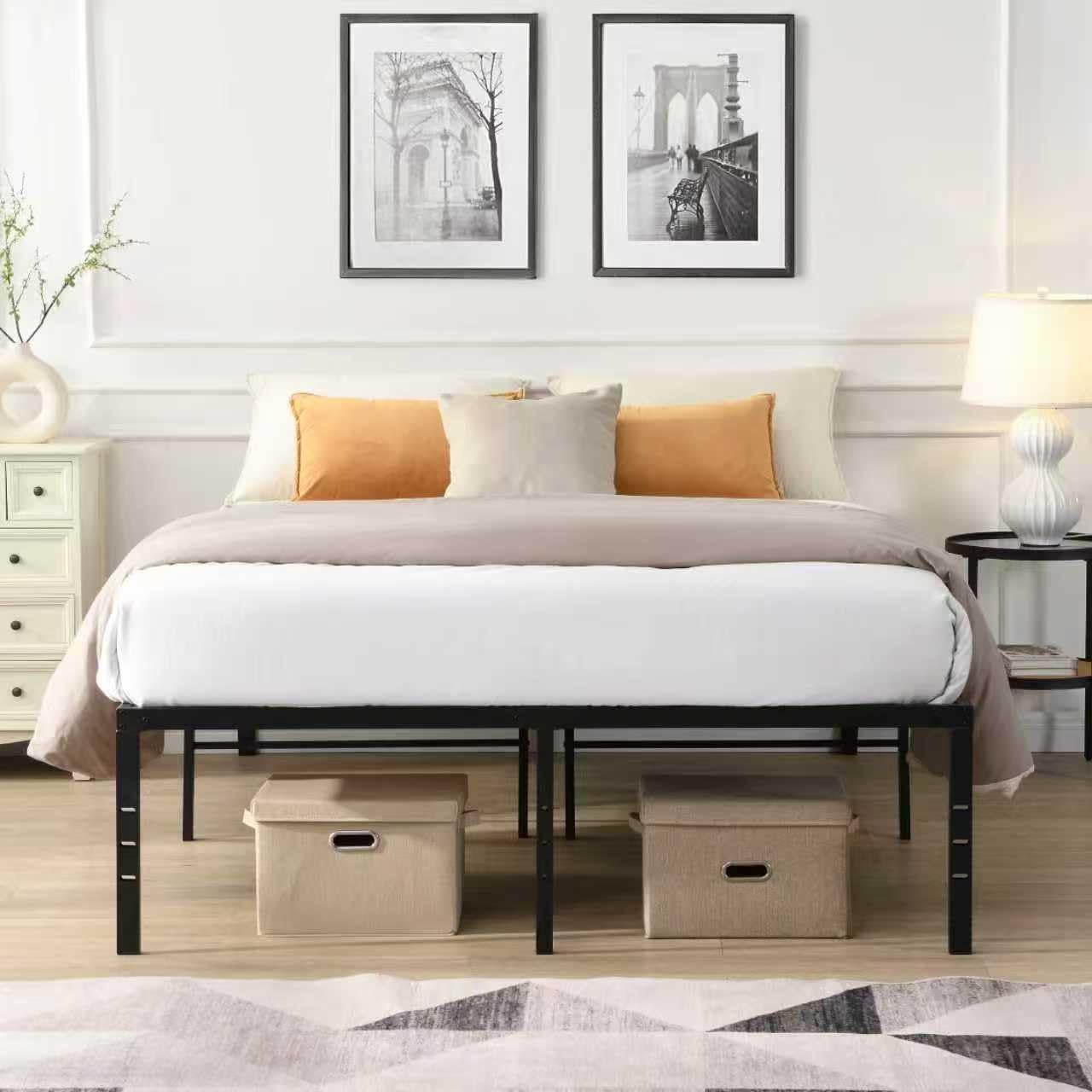 Anwick King Size Bed Frame Metal Bed Frame with Storage Space Platform Bedframe King Size with Round Corner