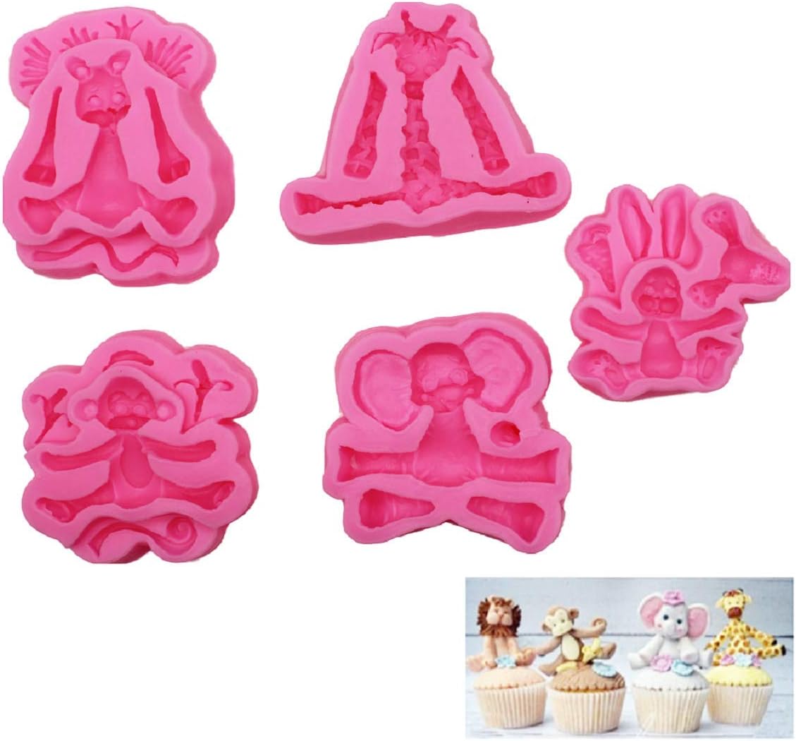 5 Pcs Jungle Animal Fondant Mold Cartoon Forest Animal Silicone Fondant Mold Lion Elephant Monkey Giraffe Rabbit Cake Decorating Tools Sugarcraft Mold Cupcake Decoration Polymer Clay Molds