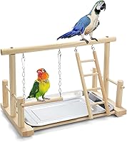 FrgKbTm Natural Wood Parrot Playstand Gym with Perches, Ladder, Swing & Toys for Cockatiels, Conures, Budgies, Lovebirds