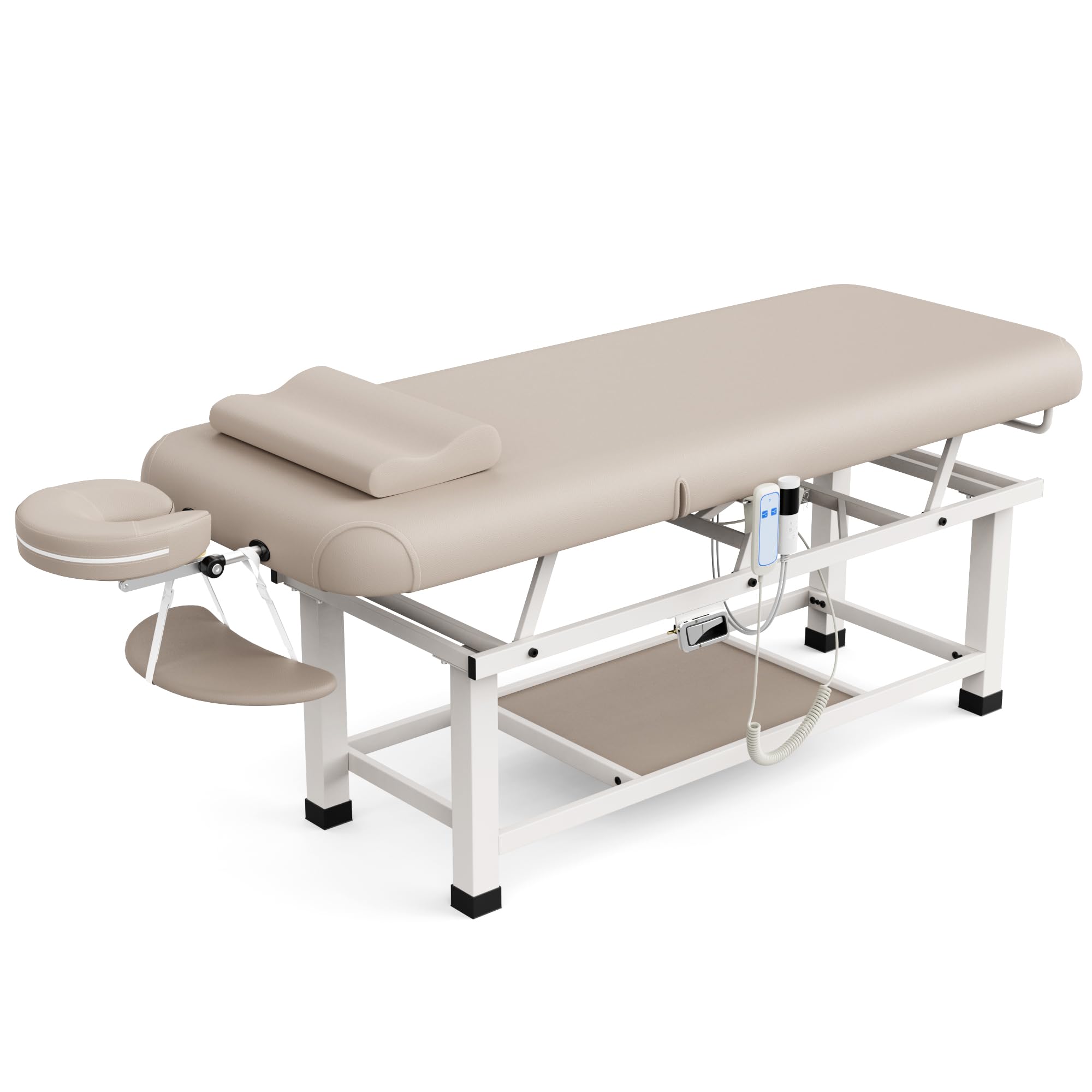 pouseayar Heating Function Heavy Duty Electric Stationary Massage Table with Backrest Adjustable and Storage Space for Treatment/Medical Spa/Facial/Beauty/Massage Bed - 30 x 75 - Beige Gray