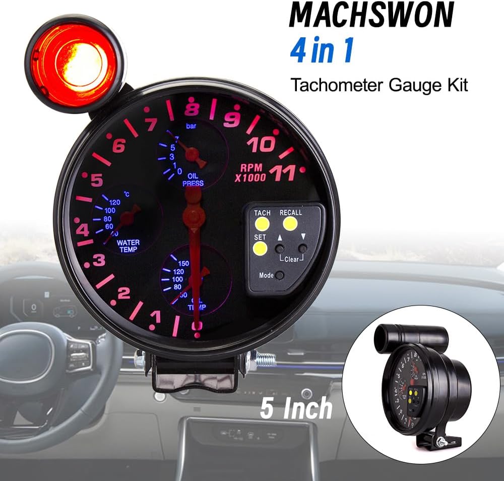 MACHSWON 5 inch Tachometer Gauge Kit Car Motor 4 in 1 RPM Meter 12V LED with Seat and Adjustable Shift Light Oil Press Water Oil Temp Sensor
