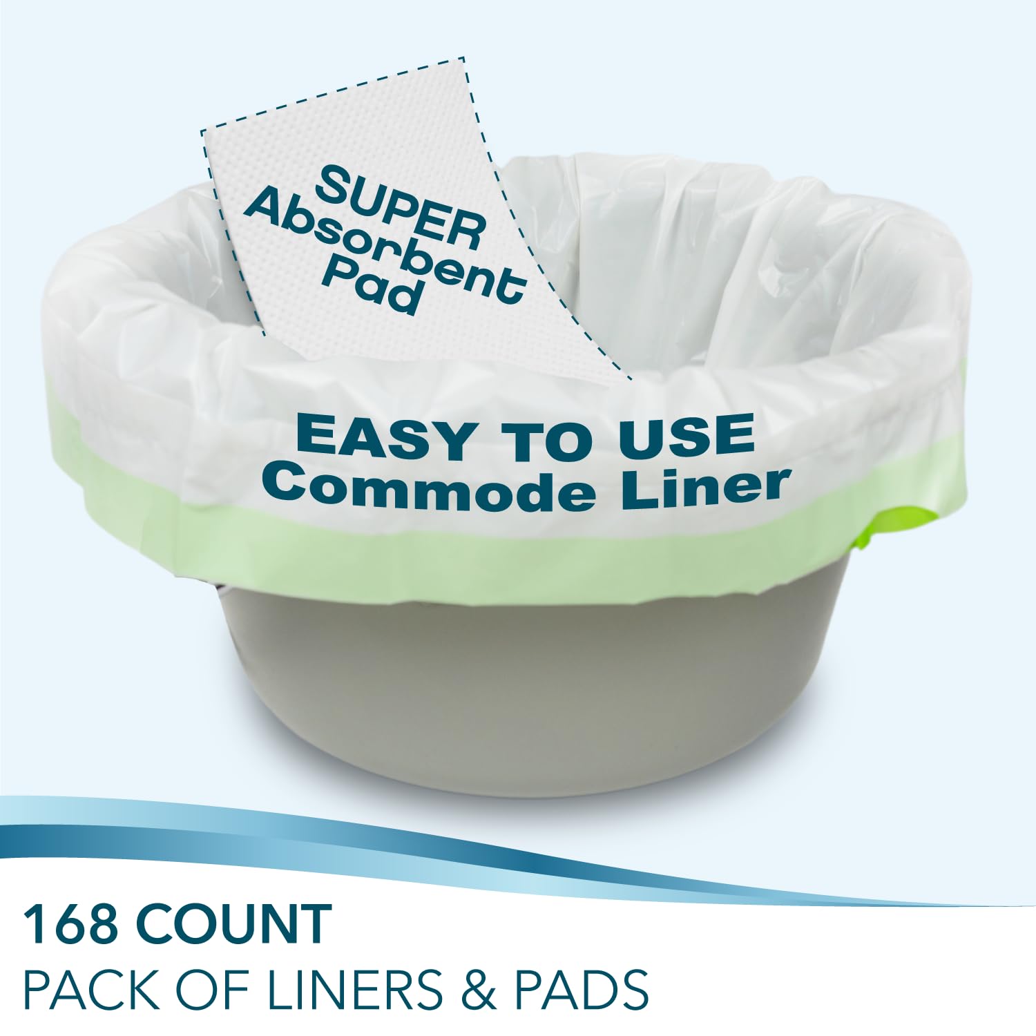 TidyCare Revestimientos para inodoro y almohadillas absorbentes para asiento de inodoro portátil y bandeja de cama, paquete combinado XL de 168 bolsas de basura desechables y 168 almohadillas, forros