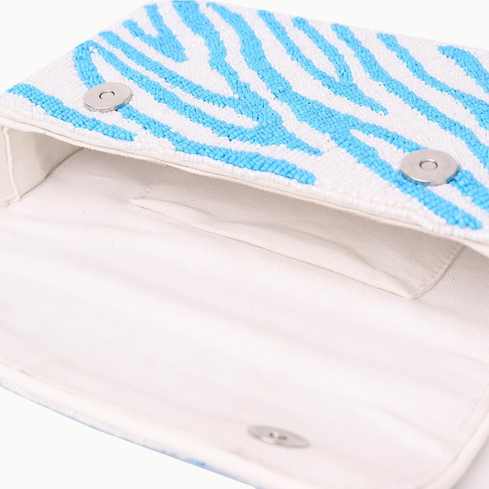 Indian Shelf Premium Handcrafted Beaded Bags for Women, Girls - Women Evening Purse Blue & White Zebra Pattern (with Box) - Image 8