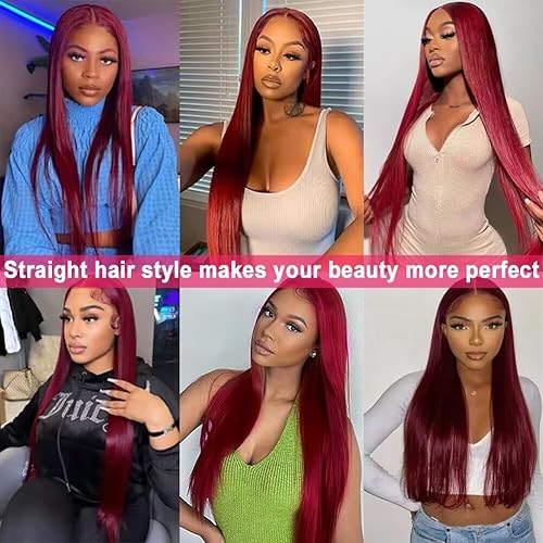 Miniatura 6 de ZGWG Pelucas de cabello humano con encaje frontal color burdeos 99j de 180% de densidad, pelucas de cabello humano lacio con encaje frontal de 13 x