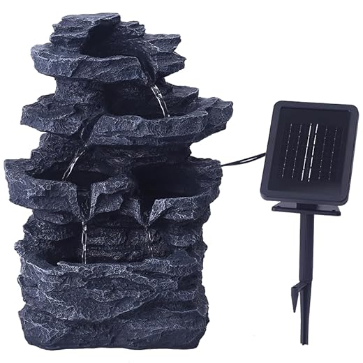 Fuente de jardín solar para interior y exterior con iluminación LED – verdadera cascada de roca fuente vintage jardín fuente grande para decoración de jardín – estanque de jardín decorativo para baño