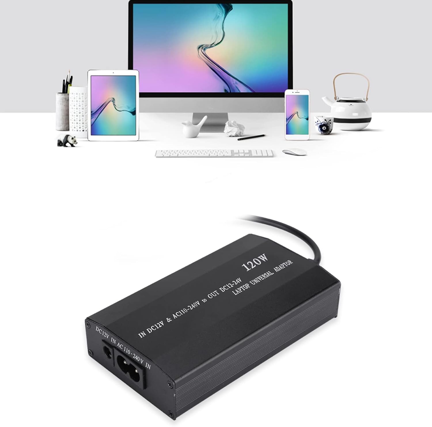 ASHATA Universal Laptop Charger connected to a laptop, with a smartphone, camera, and MP3 player also being charged via the USB port.