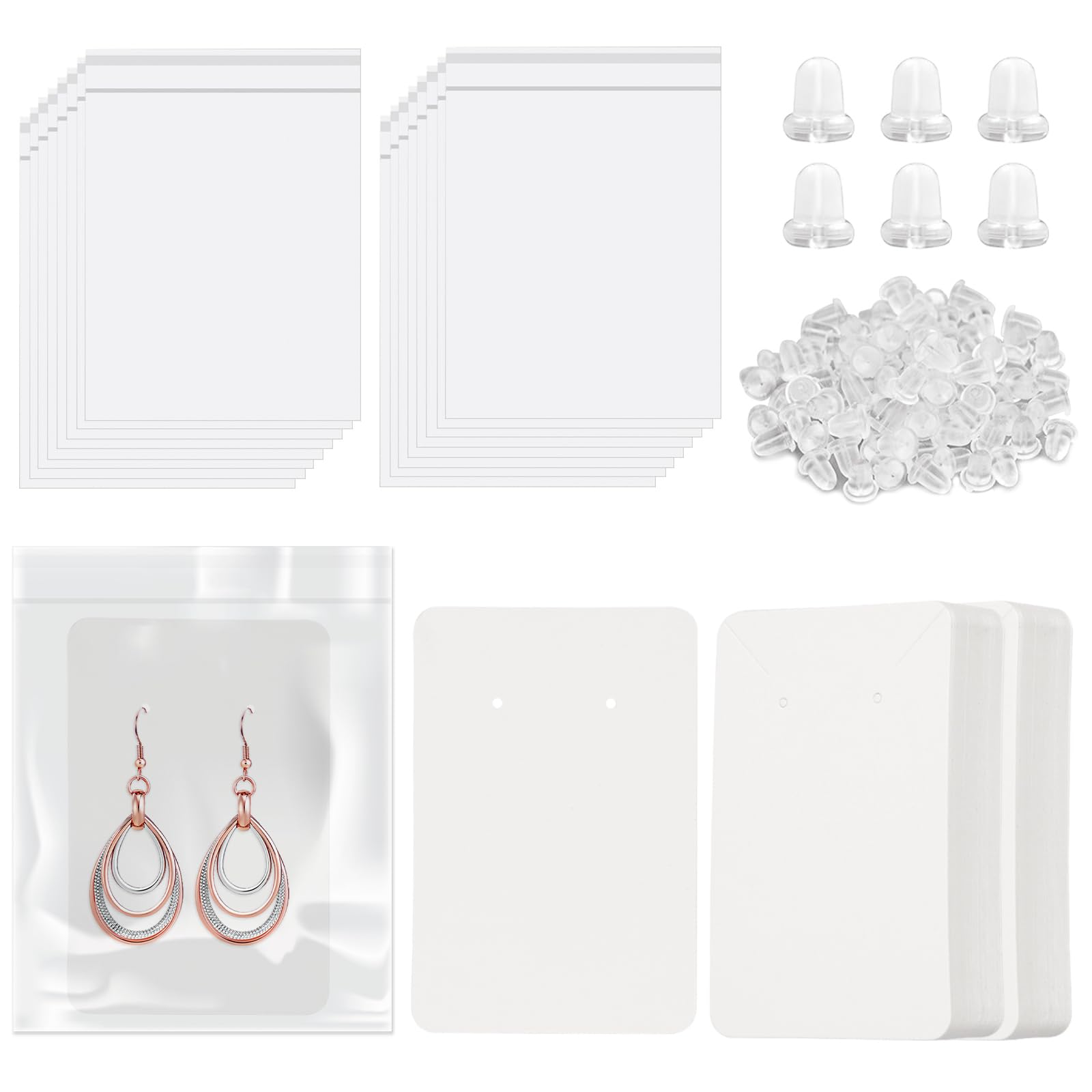 Rustark 300Pcs White Square Paper Earring Display Cards Kit for Hanging Earrings Packaging with 100Pcs 3.5x2.4 in (9x6cm) Earring Holder Cards, 100Pcs Silicone Earring Backs, 100Pcs Self-Sealing Bags