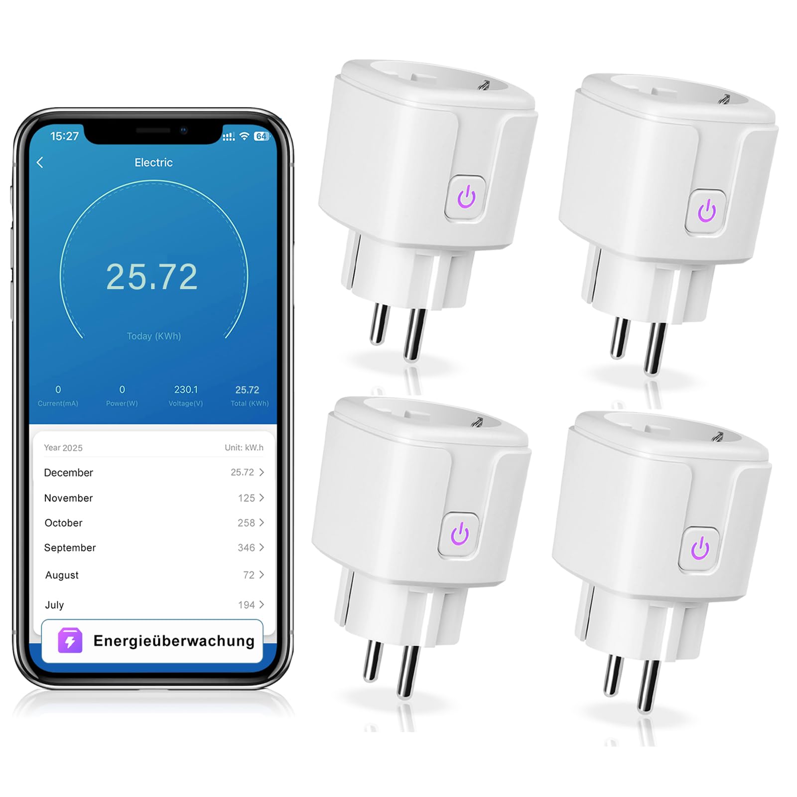 CNBINGO 4-Pack Smart Steckdose mit Strommessung, WLAN Sprachsteuerung | WLAN Smart Home Steckdose, Stromverbrauch Messen, kompatibel mit Alexa/Google Assistant, Zeitschaltuhr Plug, Fernsteuerung