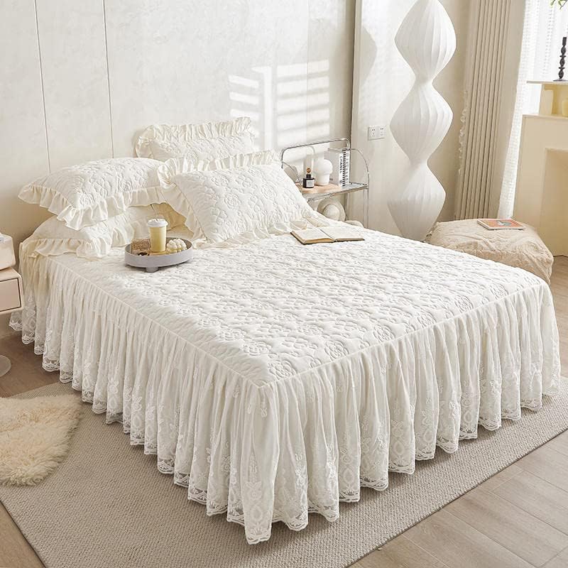 Flower Pattern Quilted Brocade Cotton Bedspread with Lace Ruffled Bed Skirt, Queen Size, Beige