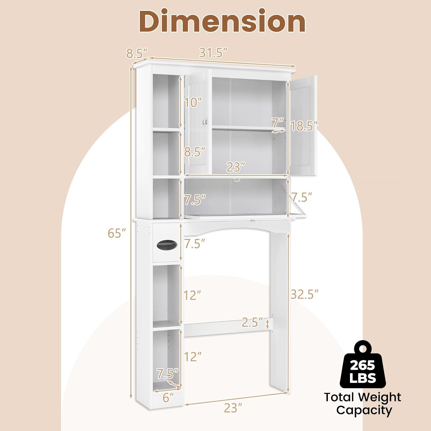 Giantex Over The Toilet Storage Cabinet, 31.5''W Freestanding Space Saver with Doors, Adjustable Shelf & Toilet Paper Holder, Over Toilet Bathroom Organizer for Laundry, Restroom, White