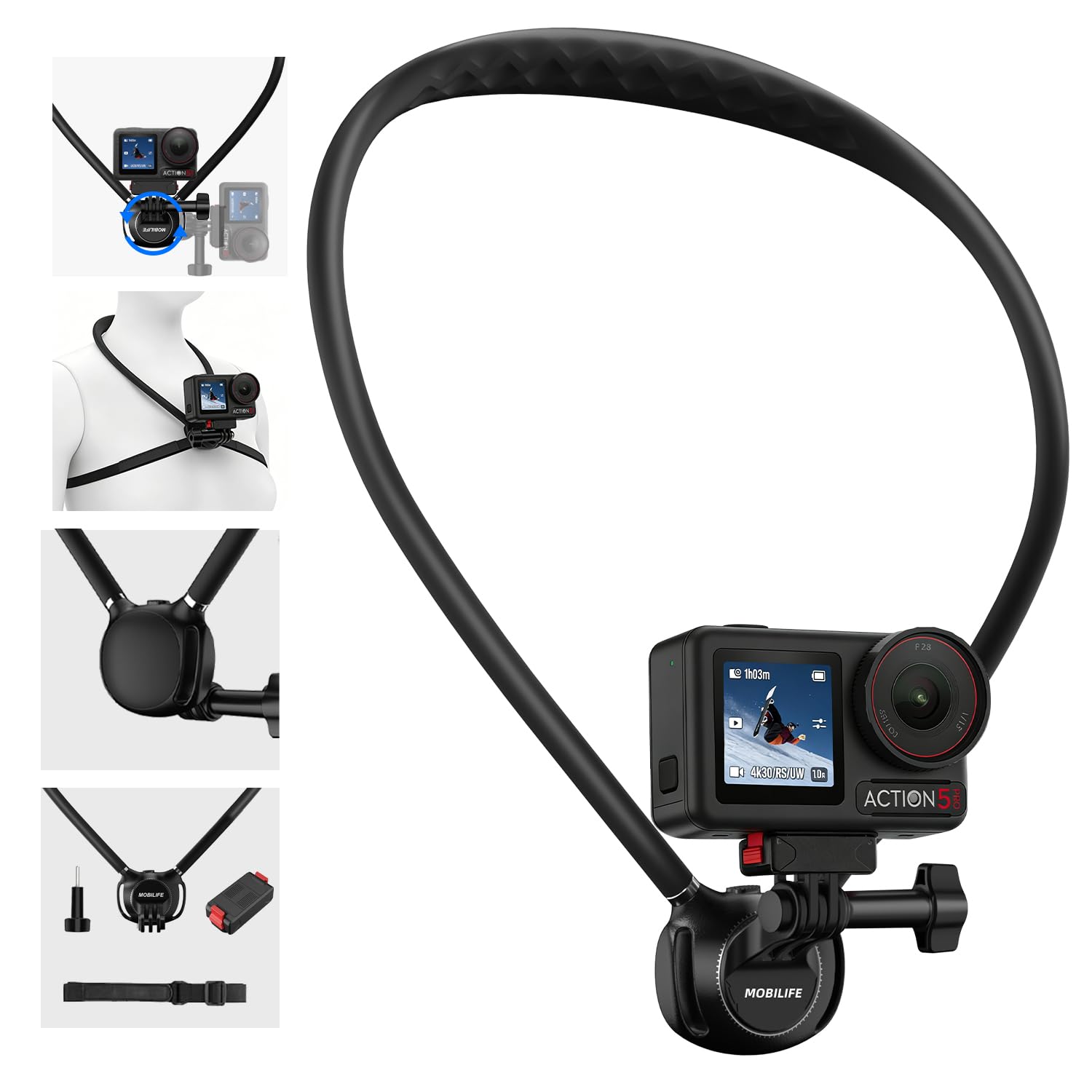 MOBILIFE Neck Mount with Action Camera Magnetic Quick-Release Mount Hands-Free POV Neck Holder Ergonomics Silicone Gooseneck Anti-Shake Chest Strap Air Cushion for DJI Osmo Action 5 Pro/4/3