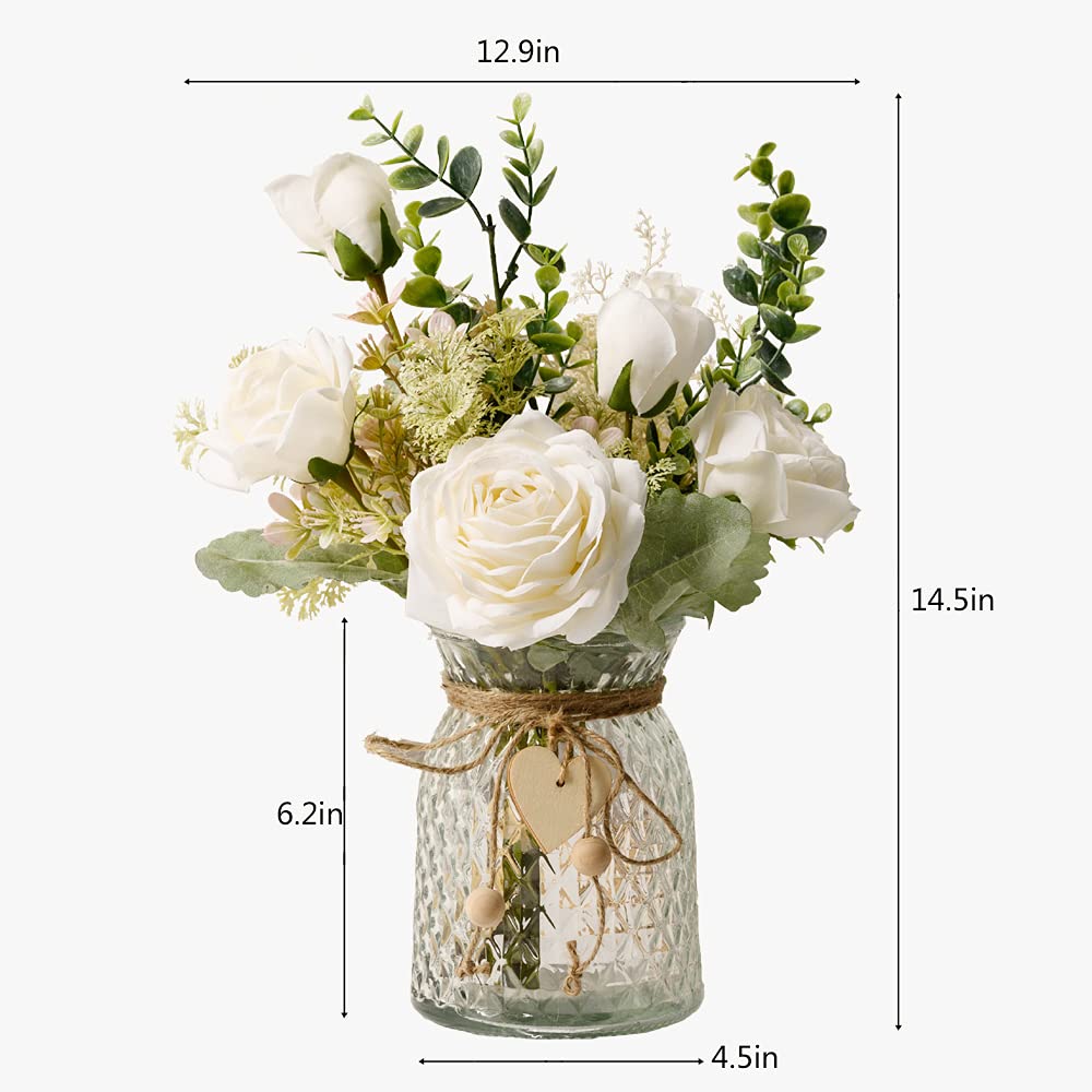 Cozzi Codi Fake Flowers with Vase, Silk Roses Artificial Flowers in Vase, Faux Flower Arrangement with Vase Suitable for Home Office Decoration, Dining Table Centerpiece(White)
