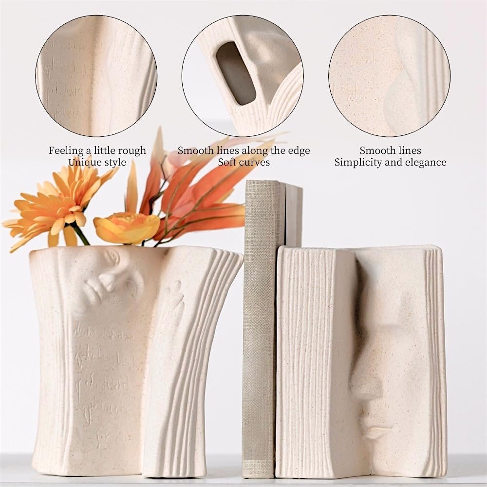Ceramic Vase Bookends - Unique Decorative Bookend Flower Vases - Set of Two at 6.5in (16.5cm) Height - Cream White Matte Finish Modern Design - Aesthetic Home Office Library Decor
