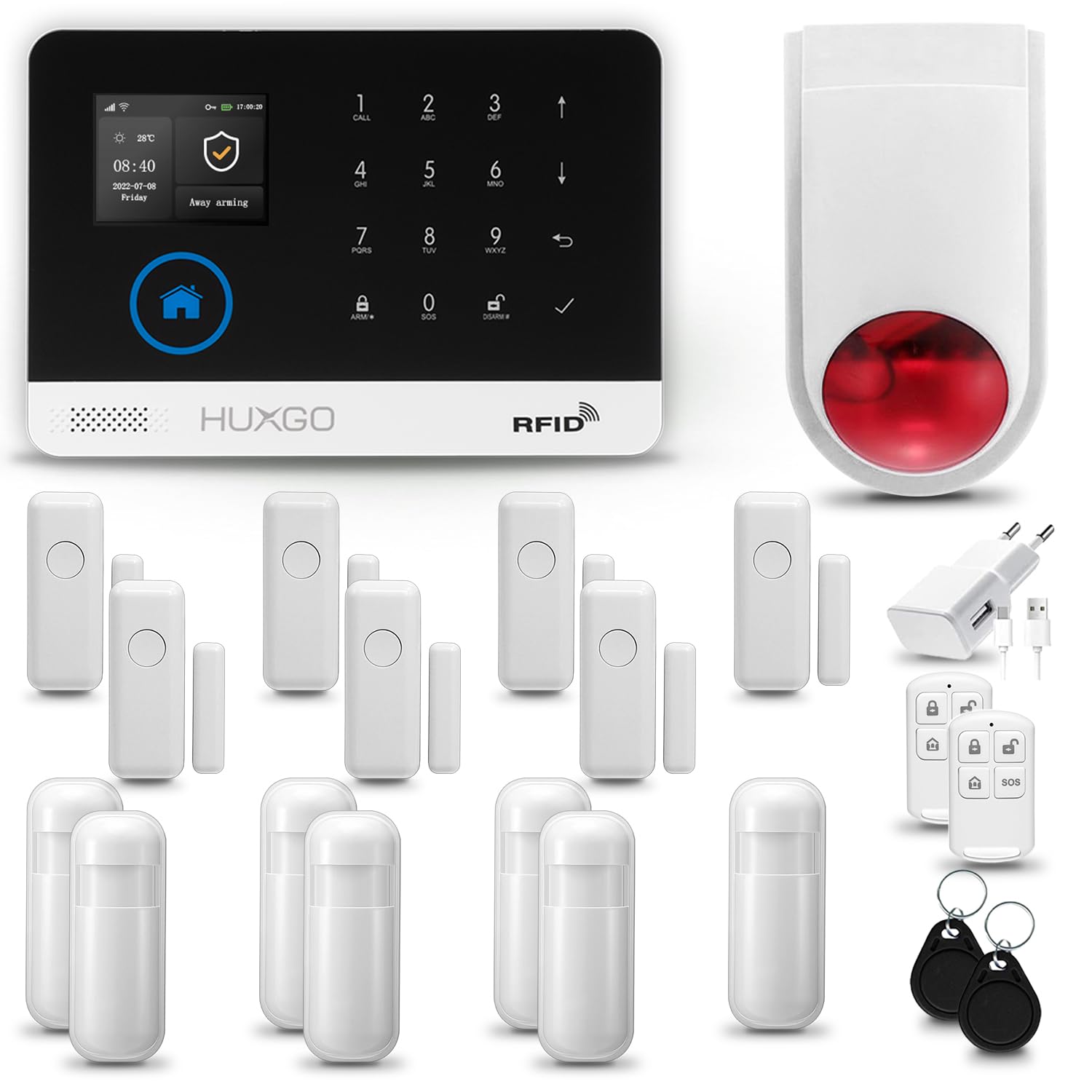 HXA003 Antifurto casa wireless WiFi + GSM con radio sirena | Kit allarme casa senza fili: 7x rilevatori di movimento, 7x sensori di allarme per finestre/porte |Per Casa, Appartamento