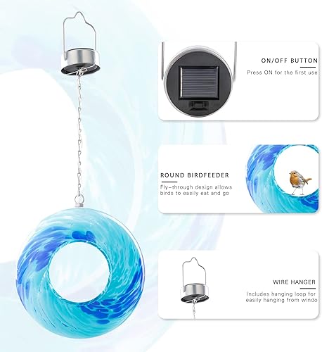 Miniatura 5 de VCUTEKA Comedero solar para pájaros para colgar en exteriores con recipiente de vidrio de forma redonda para atraer más aves silvestres para