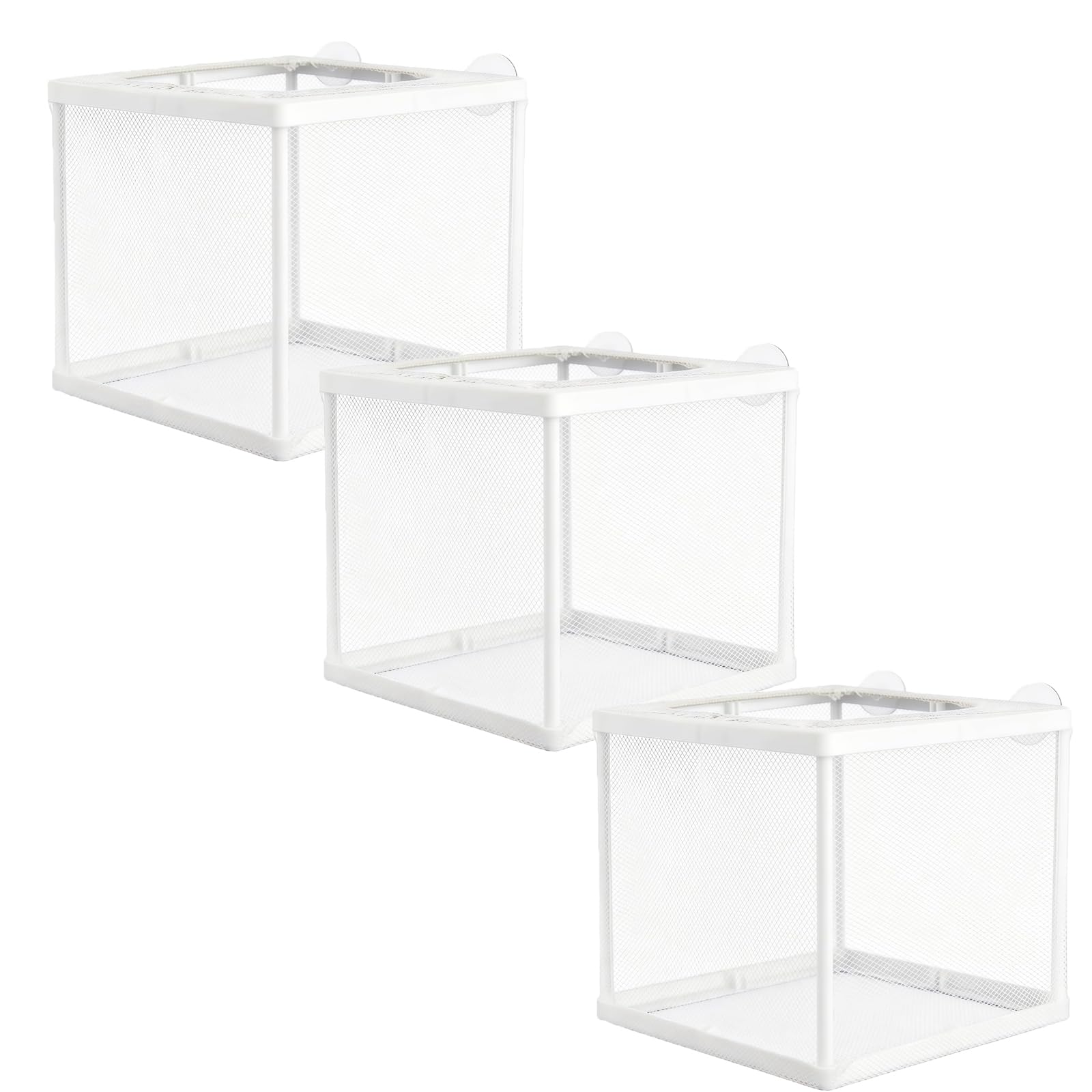 MFUOE 3pcs Fish Incubator Mesh Box Small Aquarium Isolation Breeding Box with Suction Cups White Nylon Mesh Protective Hatchery Net Fry Nursery Box for Juvenile Fish Shrimp Betta (14×15×16cm).