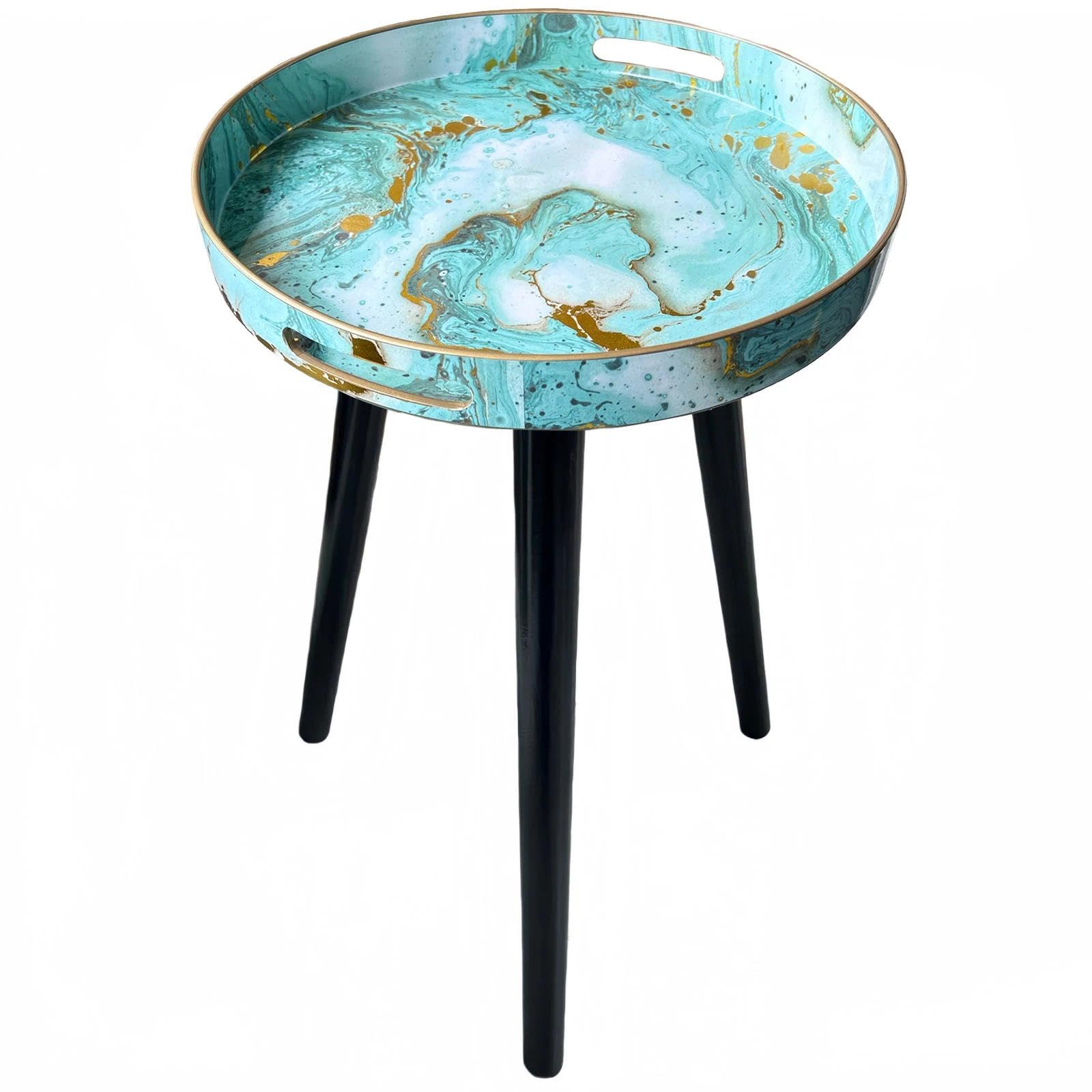 Simmer Stone Round Indoor Side Tables with Detachable Wooden 3 Legs, Versatile Tray Table, Perfect For Round Coffee Table Tea, and Relaxation Time 17.7 Inch (Marble Green)