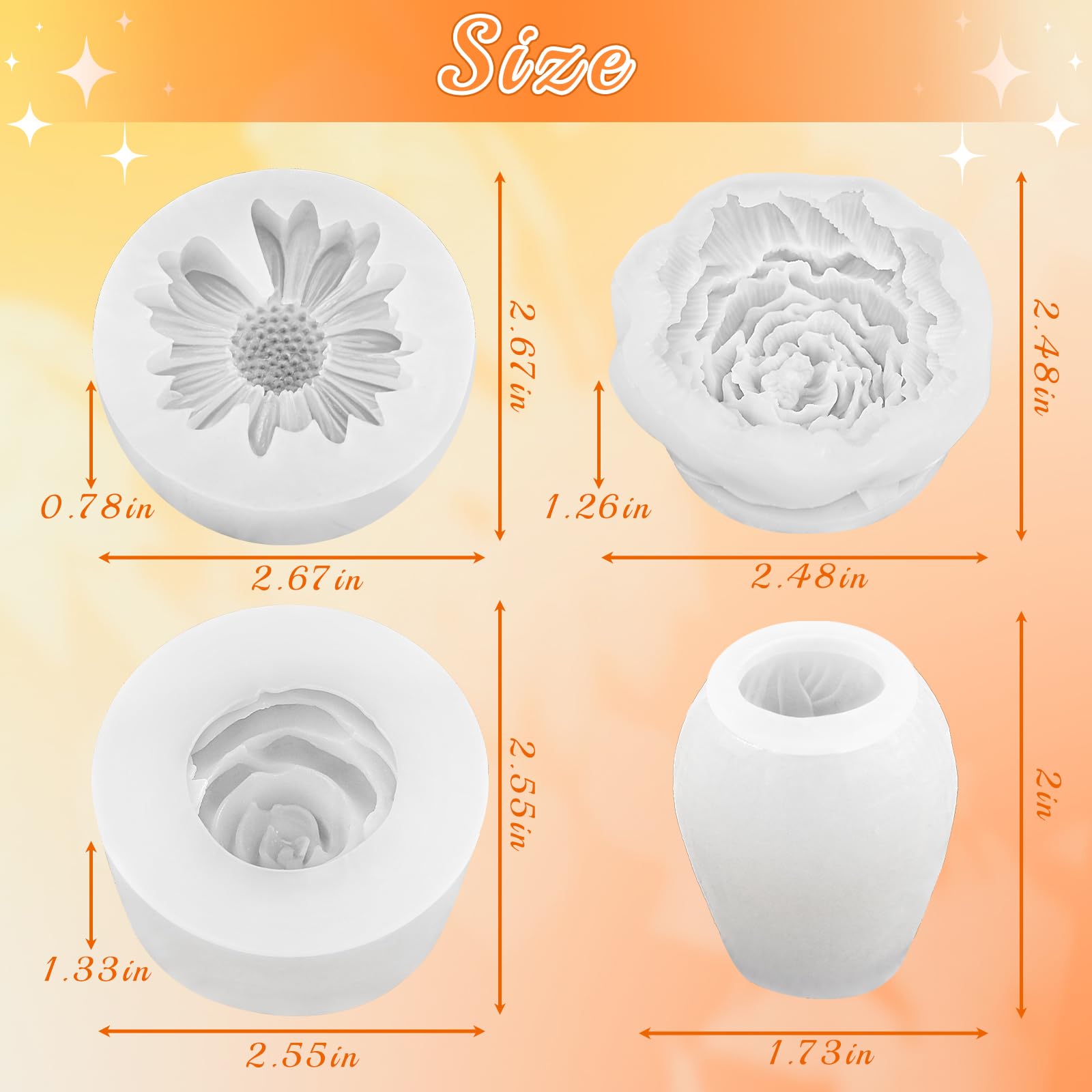 Juego de 4 moldes de silicona para flores, moldes de silicona florales 3D con margaritas, peonías, rosas, tulipanes, fácil liberación, ideal para velas de bricolaje, jabón, regalos de fundición de