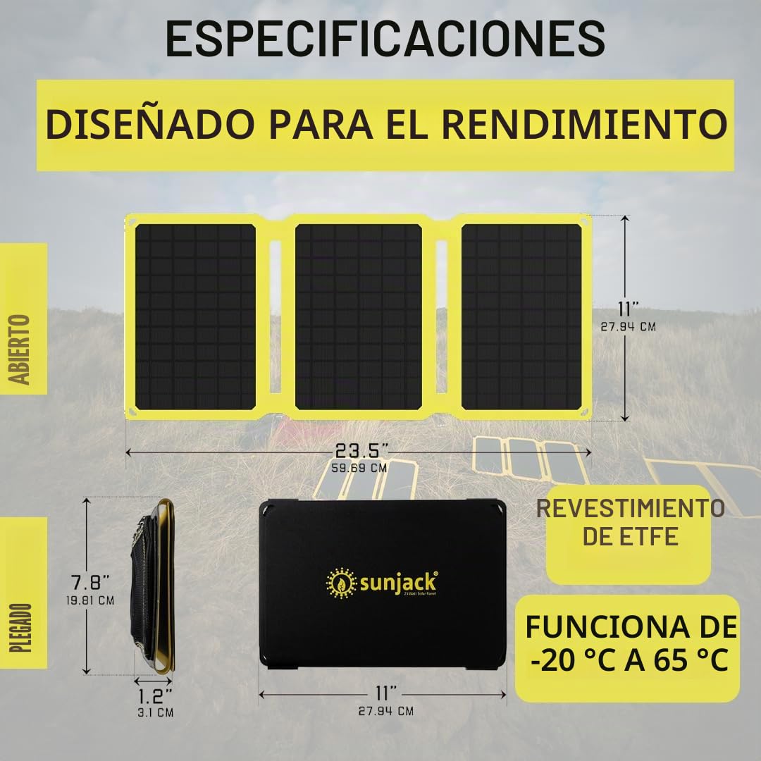 SunJack Cargador de panel solar monocristalino ETFE plegable de 25 vatios IP67 impermeable con USB-C y USB-A para teléfonos celulares, tabletas y portátil para mochileros, camping, senderismo y más | ETFE Monocristalino, USB-C y USB-A, IP67 impermeable, p