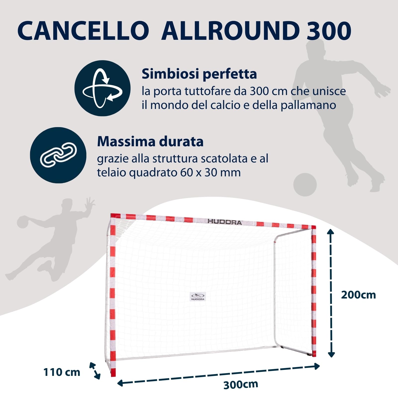 HUDORA Porta da calcio Allround 300 - porta da calcio stabile per bambini e adulti - porta impermeabile e stabile con misure per la palla a mano - Da esterno per tempo libero e training