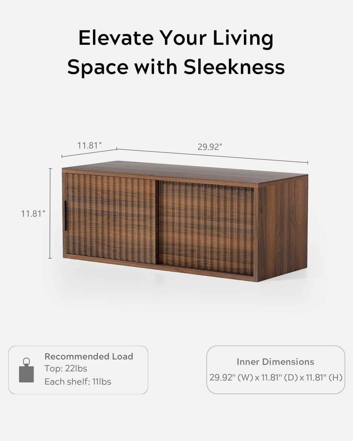 Floating Nightstand with Sliding Doors, Modern Fluted Large Night Stand Storage Shelf Wall Mounted Bedside Tables for Bedroom, Brown