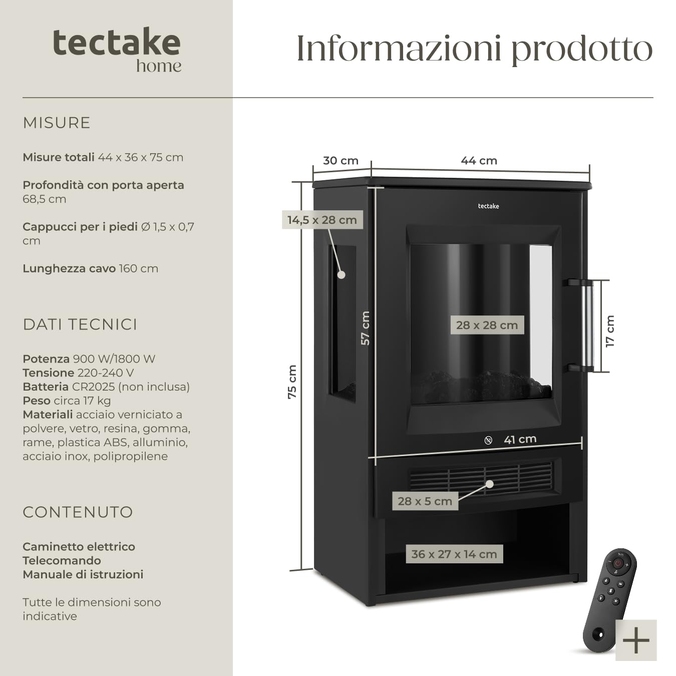 tectake® Caminetto elettrico da terra, 44 x 75 x 36 cm, Camino Elettrico Smart, 2 livelli di calore 900/1800 W, fiamma 3D, 8 colori, 5 livelli luminosità, app Tuya, telecomando, timer, Stufa Elettrica