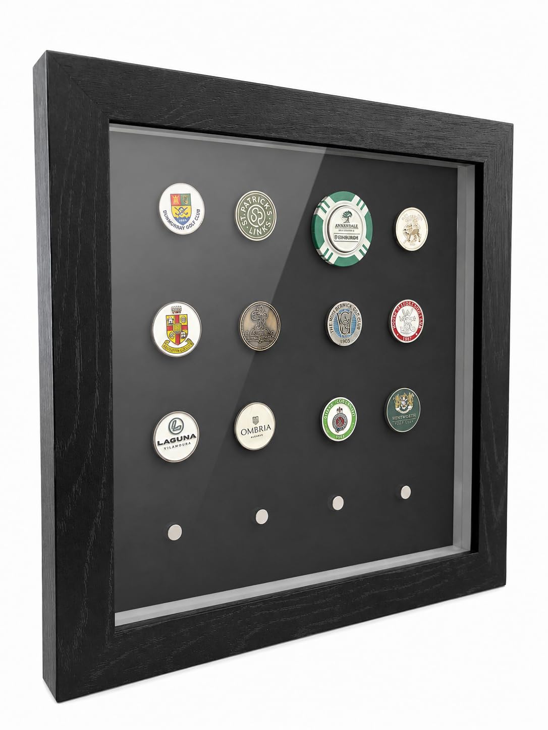 Black Golf Ball Marker Display Frame With Magnets For 16 Ball Markers From Strikers Golf | Wall Mounted | Dust Free Protection Of Ball Markers | Golf Gift For Him Her Groom Father Grandfather