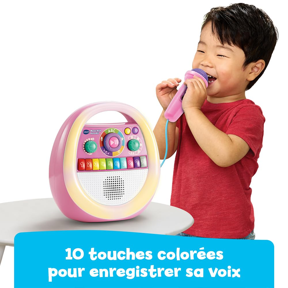 VTech Music'Kid Karaoké Rose Baladeur Musical Enfant Dès 2 Ans | Enceinte Bluetooth Lumineuse avec Micro Karaoké, Enregistreur Vocal, Comptines, Chansons Éducatives et Relaxantes en Français