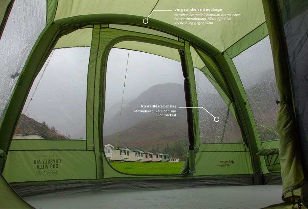 Vango Airbeam Odyssey Air 500 Villa Zelt 5-Personen-Aufblaszelt mit Pumpe, Sonnendach, einfaches Familiencamping, Epsomgrün