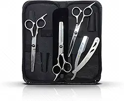Kit Tesouras Profissionais para Barbeiro 5 Peças – Tesoura de Corte, Desfiadeira, Navalhete e Estojo – Aço Inoxidável para Corte de Cabelo e Barba Inox