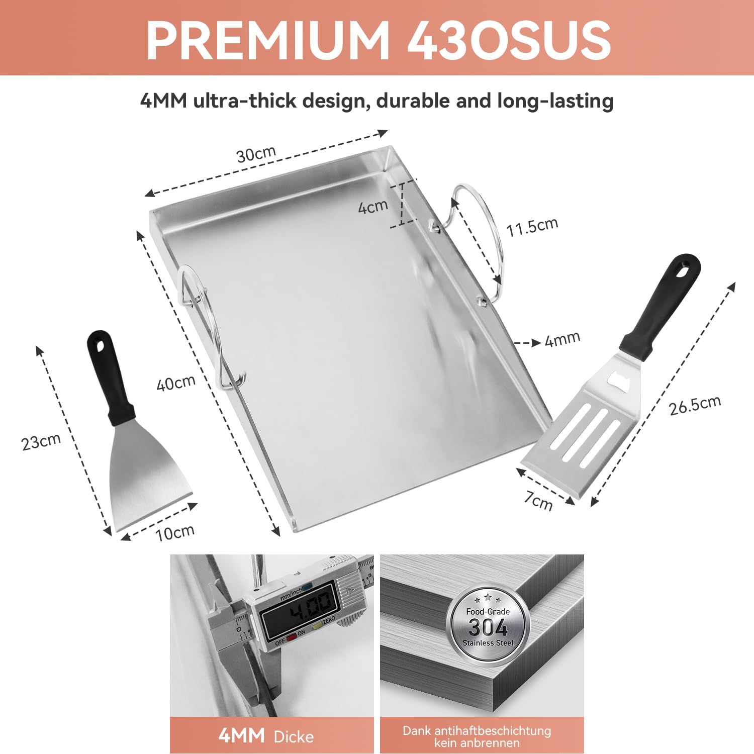 Edelstahl Grillplatte Plancha 40 x 30 x 4 cm mit 2 Grillspachteln, Abnehmbaren Griffen für Weber, Enders, Burnhard Ersatzteile Zubehör – BBQ Grillplatte für Gasgrill & Holzkohlegrill