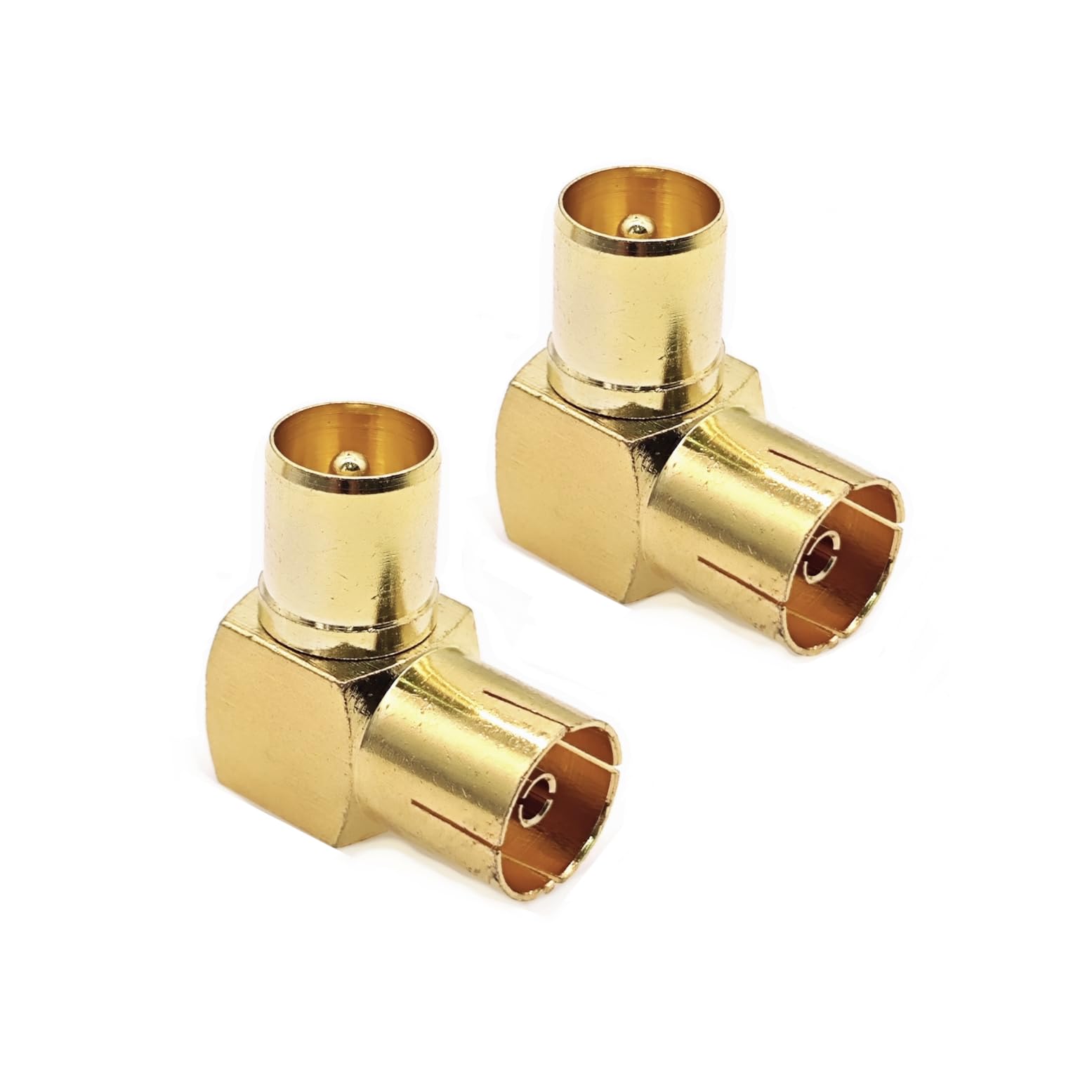 JZK 2X Adaptateur coaxial PAL mâle vers Femelle, plaqué Or, coudé à 90°, Compatible avec antennes, câbles Satellites, câbles TV, DVB-T et DVB-T2 HD