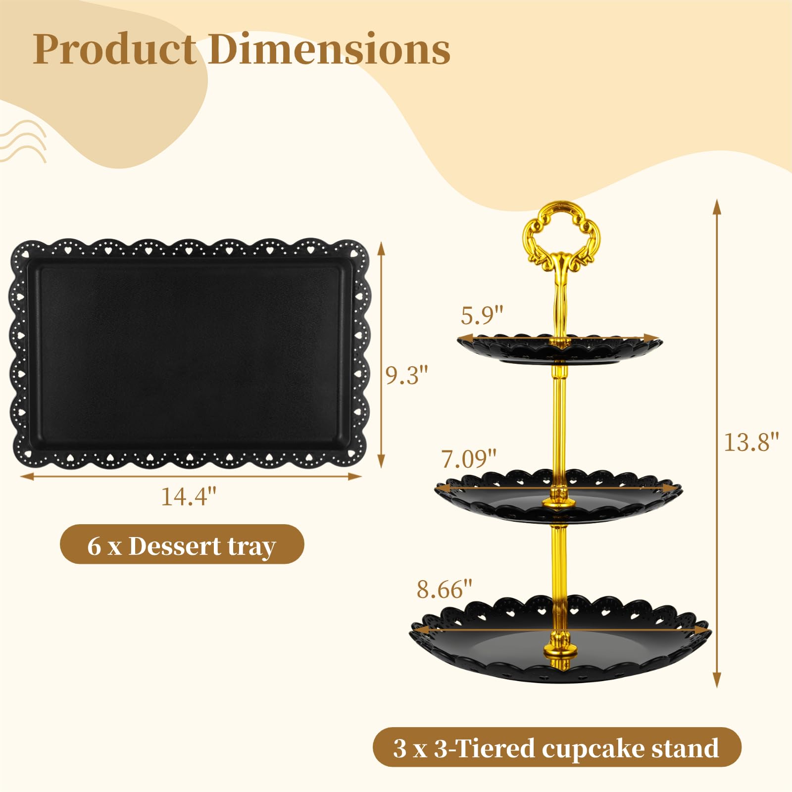 Set di 9 espositori da dessert da tavola, 3 supporti per cupcake a 3 livelli e 6 vassoi quadrati da dessert, eleganti vassoi per frutta per compleanni, matrimoni, tea party, Halloween