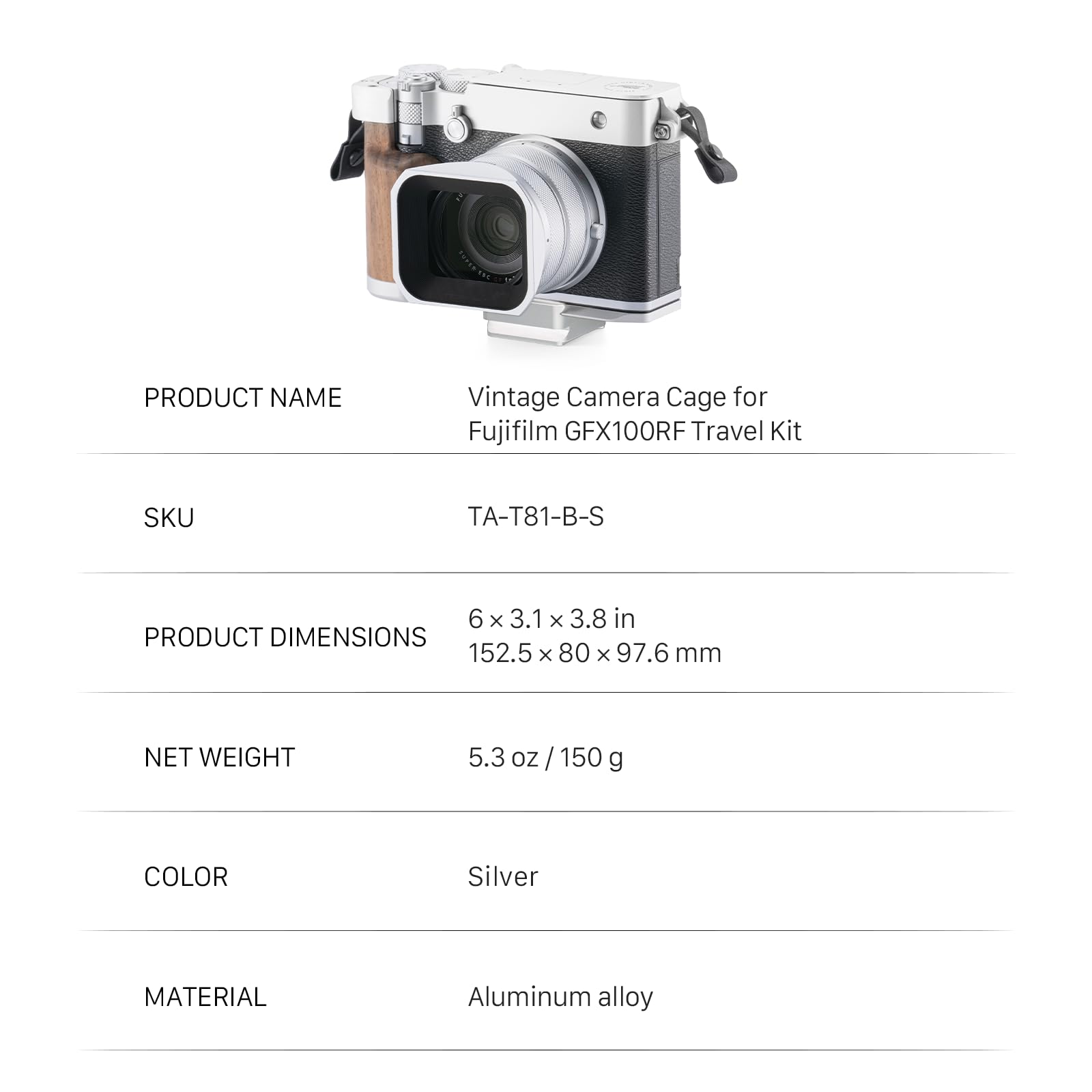 Tilta GFX100RF Cage, gabbia per fotocamera vintage compatibile con il kit da viaggio GFX100RF con piastra Hot Shoe, Adattatore ARCA e base di montaggio con impugnatura in legno - Argento TA-T81-B-S