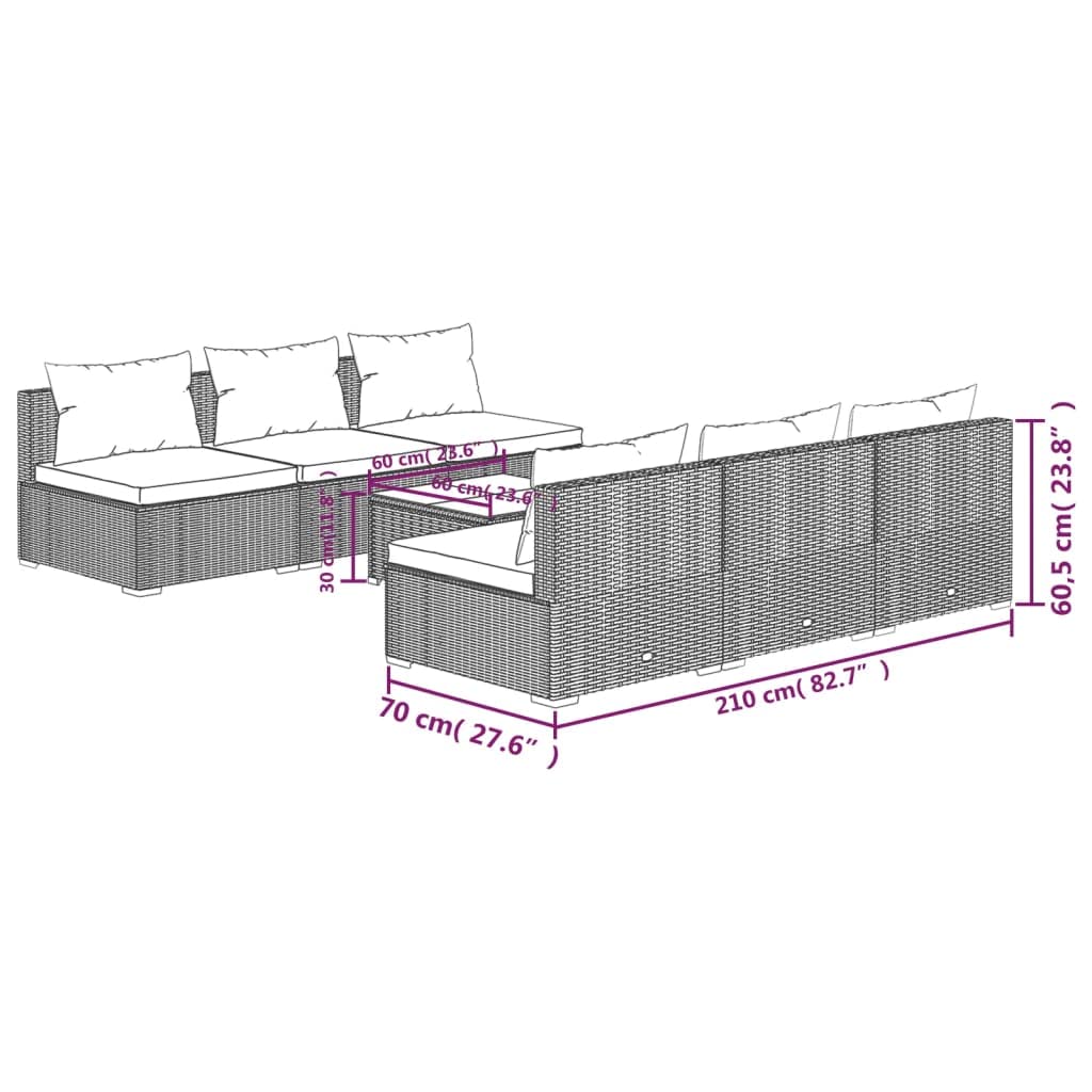 Set Divani da Giardino 7 pz in Polyrattan Grigio con Cuscini Rimovibili per Relax Spazi Esterni Tavolo Lounge Modulare per Terrazza Balcone e Veranda
