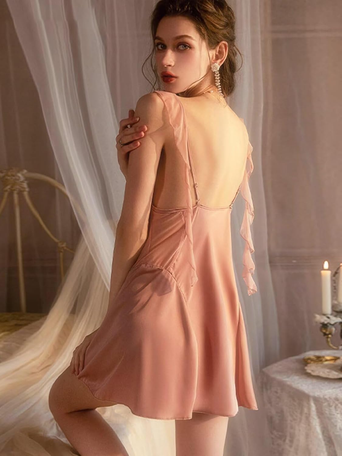 Brosloth Womens Silk Nightgown Summer Satin Sexy Night Gowns Cowl Neck Short Mesh Strappy Lingerie - Image 5