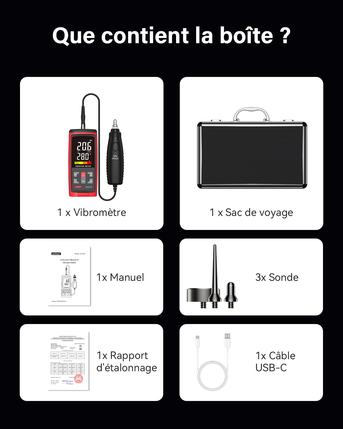 Vibromètre Wintact, analyse des mesures des vibrations mécaniques, accélération, vitesse, déplacement, température pour moteurs, générateurs, pompes, compresseurs (WT633B)