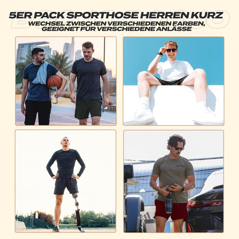 BOOJO 5er Pack Sporthose Herren Kurz Sport Shorts mit Taschen Schnell Trocknend Trainingshose Jogginghose Laufhose für Gym Basketball