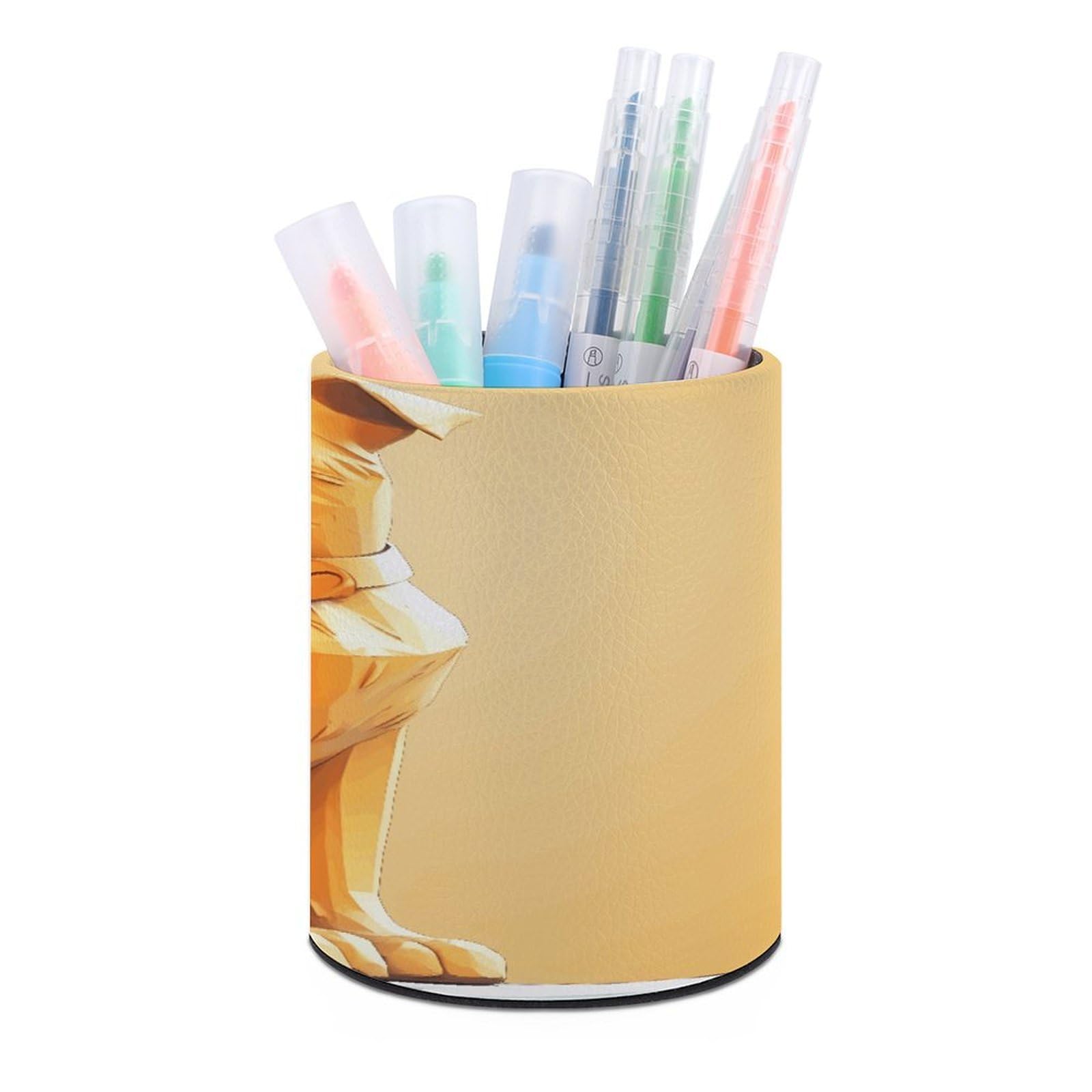 JTREHY Dog Sculpture Pen Holder Round Pen Pencil Holder Makeup Brush Holders Cup PU Leather Pencil Cups Desktop Caddy Stationery Organizer Case Office Accessories Container Box