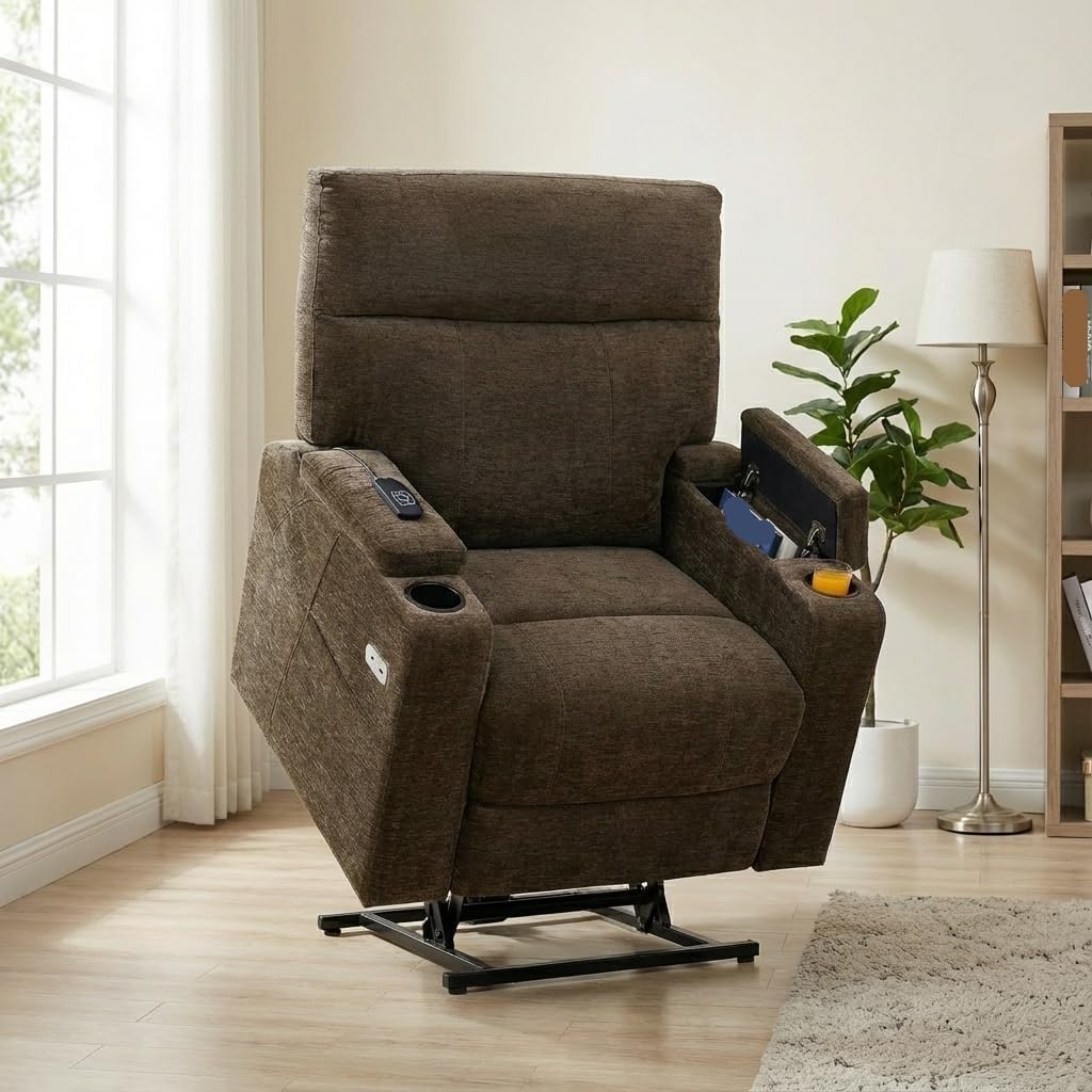 Fabric Brown Infinite Position for Elderly,Lay Flat Dual Motor Power Lift Recliner Chair Arm Storage, Extended Footrest,USB A/C Ports & Cup Holders, with Massage & Dual Heating